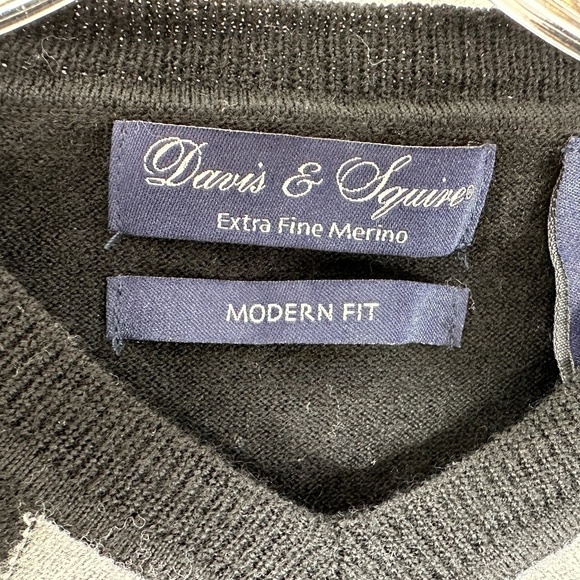 Davis & Squire Men's Size XXL Extra Fine Merino Wool Black Argyle Sweater - Picture 9 of 10